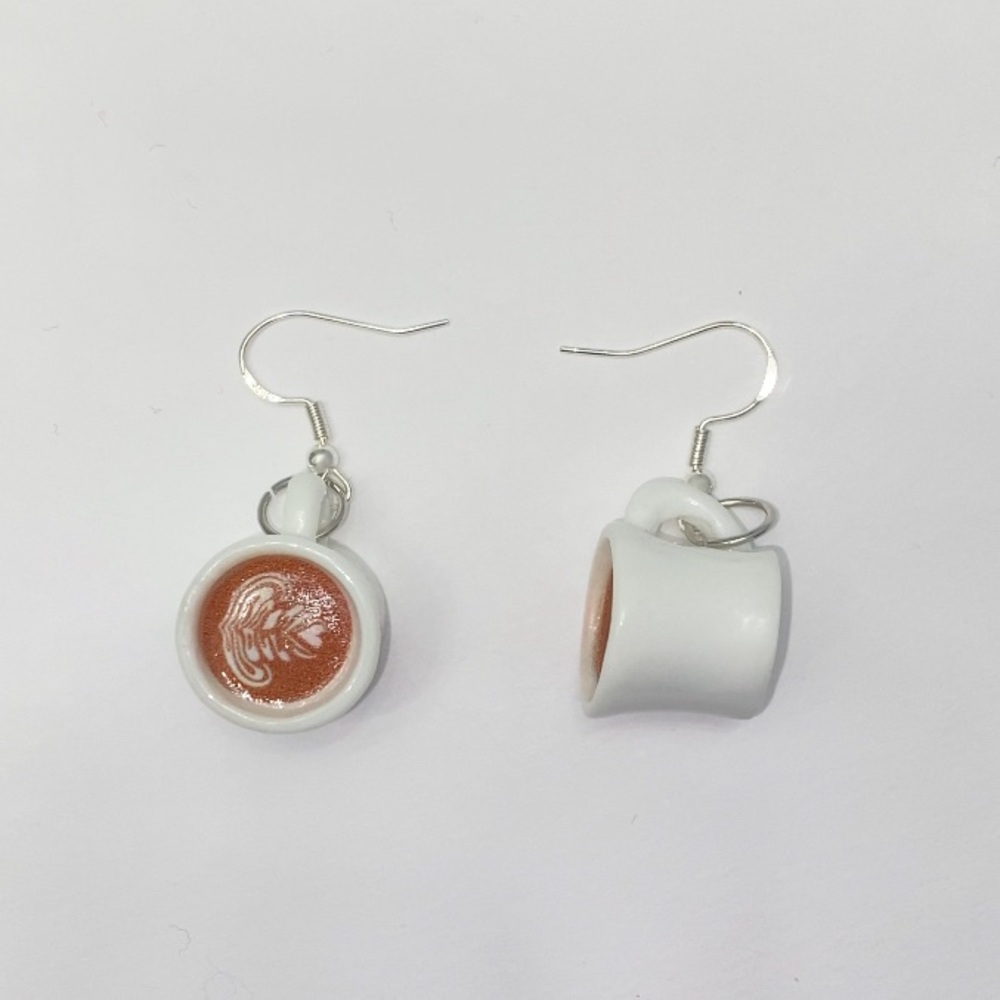White Coffee Mug Earrings Barista Art Design